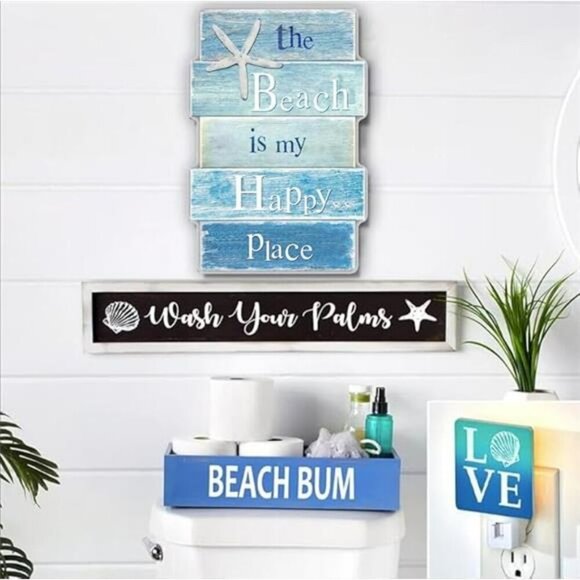 Coastal Beach Wall Art Wooden Sign Starfish Ocean Decor for Bathroom Bedroom - Picture 2 of 7